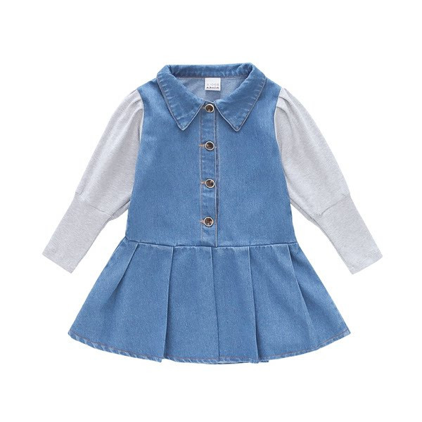 Džinsinė suknelė mergaitėms su klasikine apykakle ir sagomis