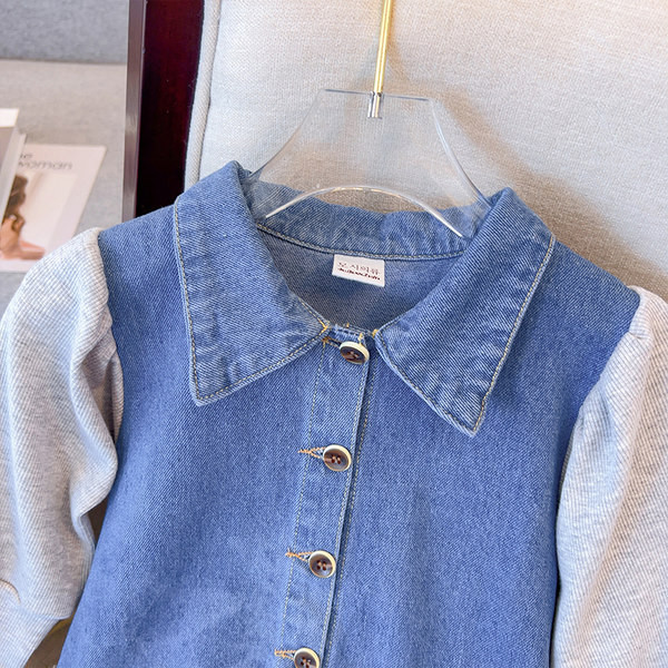 Džinsinė suknelė mergaitėms su klasikine apykakle ir sagomis