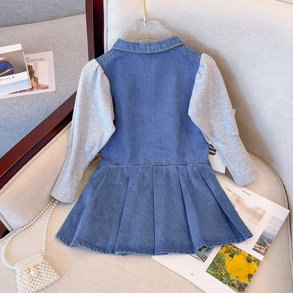 Džinsinė suknelė mergaitėms su klasikine apykakle ir sagomis