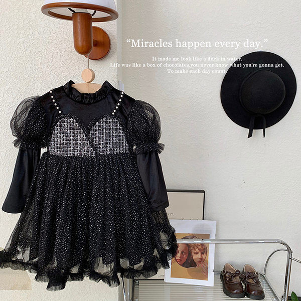 Moderna haljina za djevojčice s dugim rukavima i bisernim ukrasom