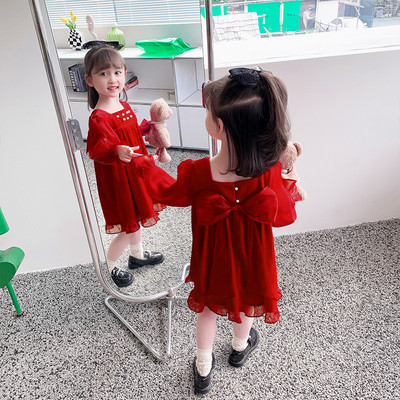 Šiuolaikinė vaikiška suknelė su kaspinu nugaroje - raudonos spalvos