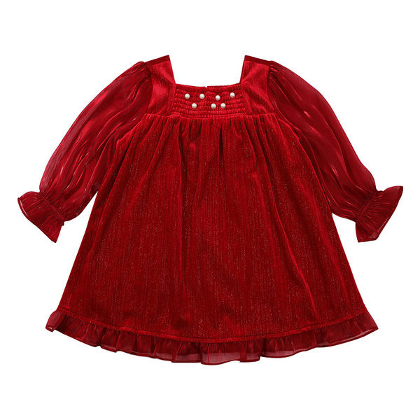 Šiuolaikinė vaikiška suknelė su kaspinu nugaroje - raudonos spalvos