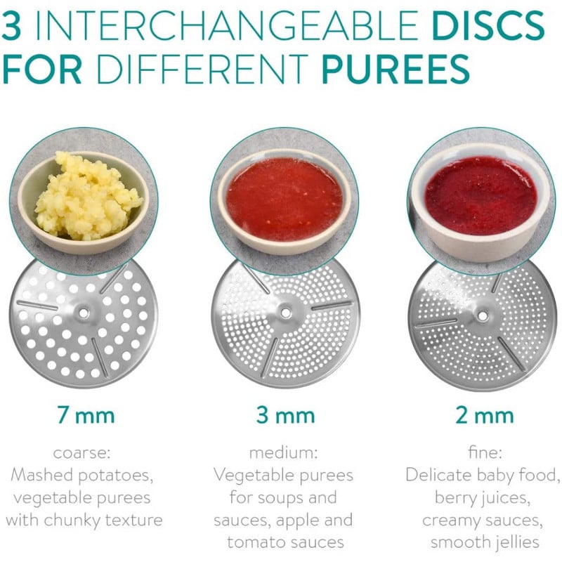 MLIA nerūdijančio plieno maisto malūnėlis rotacinis maisto malūnas daržovių koštuvas bulvių trintuvas su 3 malimo diskais, 1 kv.