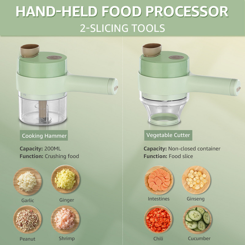 Set de tăiat legume electrice de mână Tocător de usturoi multifuncțional Tocător de carne Mașină de tocat mâncare Feliere cu încărcare USB