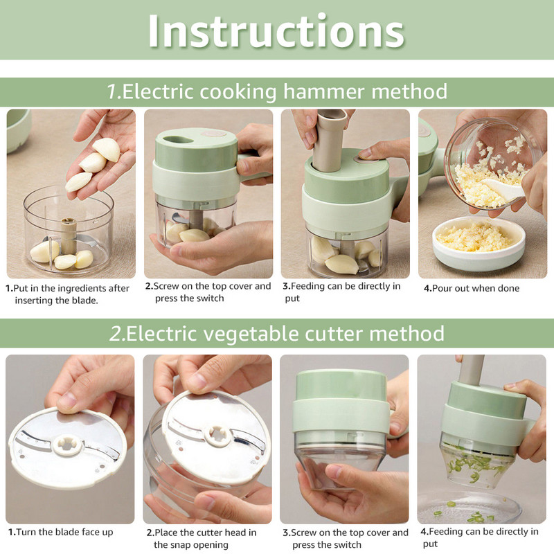Set de tăiat legume electrice de mână Tocător de usturoi multifuncțional Tocător de carne Mașină de tocat mâncare Feliere cu încărcare USB
