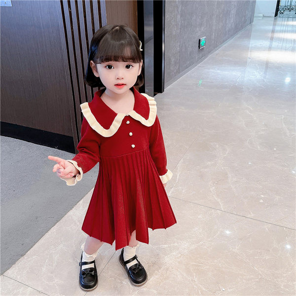 Rudens-žiemos suknelė mergaitėms ilgomis rankovėmis ir sagomis