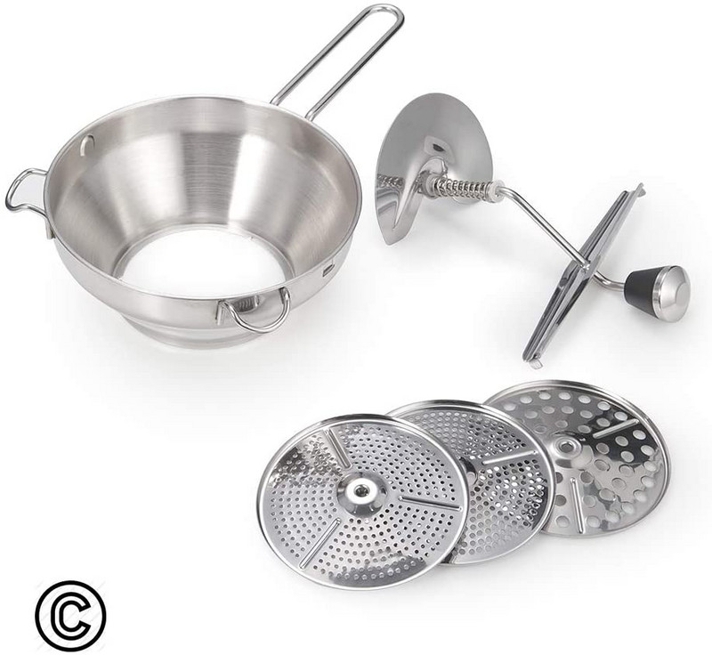 Daugiafunkcinės nerūdijančio plieno bulvių grūstuvės su 3 šlifavimo diskais, rankinės sukamieji pomidorų moliūgų malūnų virtuvės įrankiai