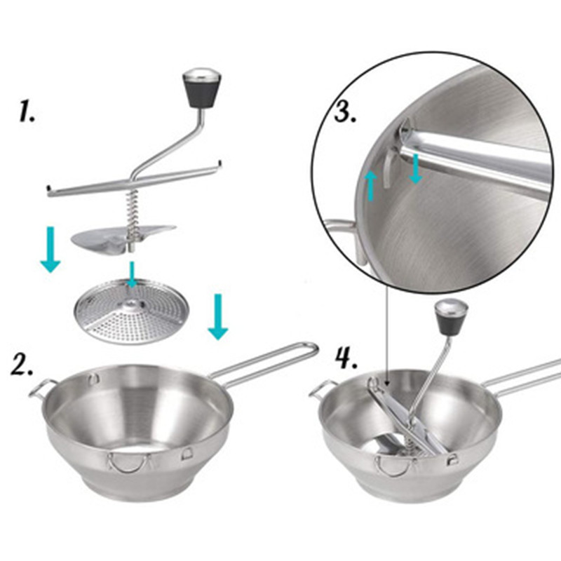 Daugiafunkcinės nerūdijančio plieno bulvių grūstuvės su 3 šlifavimo diskais, rankinės sukamieji pomidorų moliūgų malūnų virtuvės įrankiai
