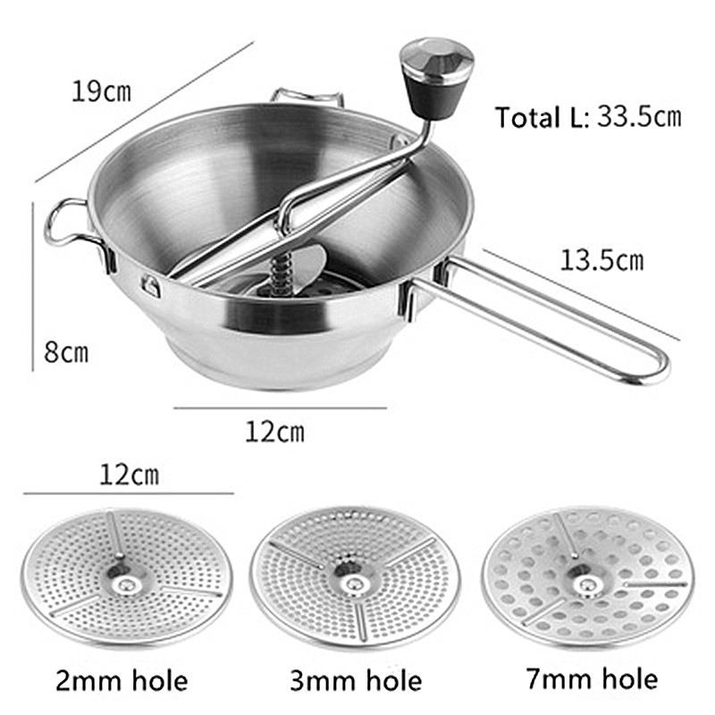 Daugiafunkcinės nerūdijančio plieno bulvių grūstuvės su 3 šlifavimo diskais, rankinės sukamieji pomidorų moliūgų malūnų virtuvės įrankiai