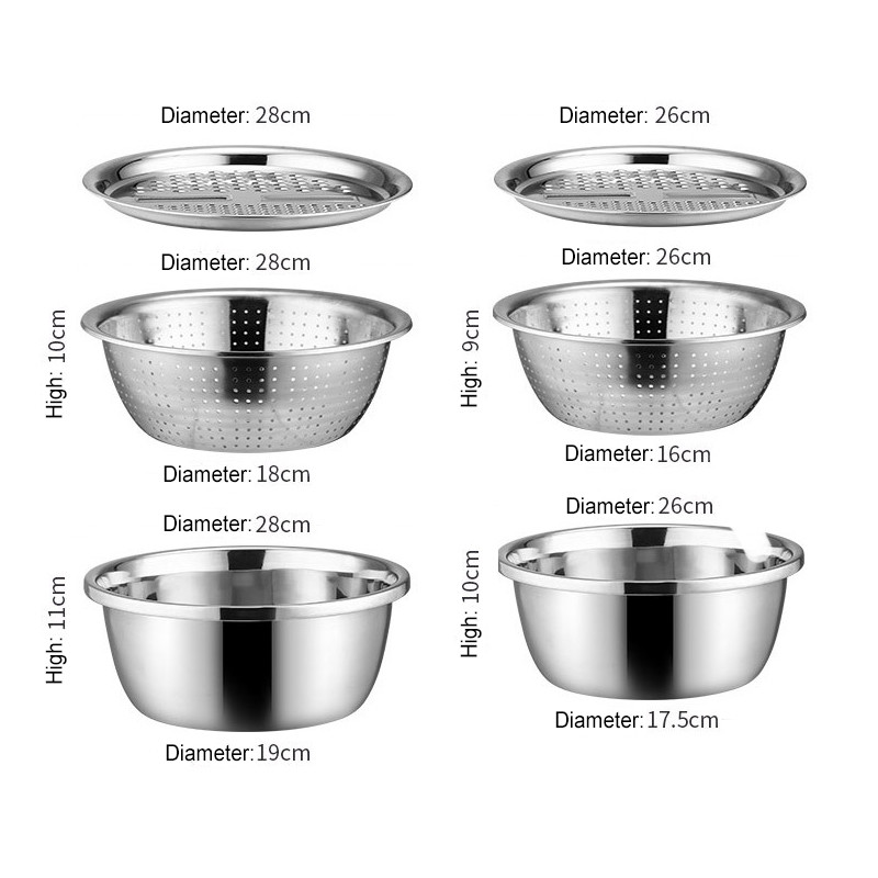 3PCS Višenamjenske kuhinjske ribeži od nehrđajućeg čelika Rezač povrća Rezač povrća Odvodna košara Set odvodna posuda za voće