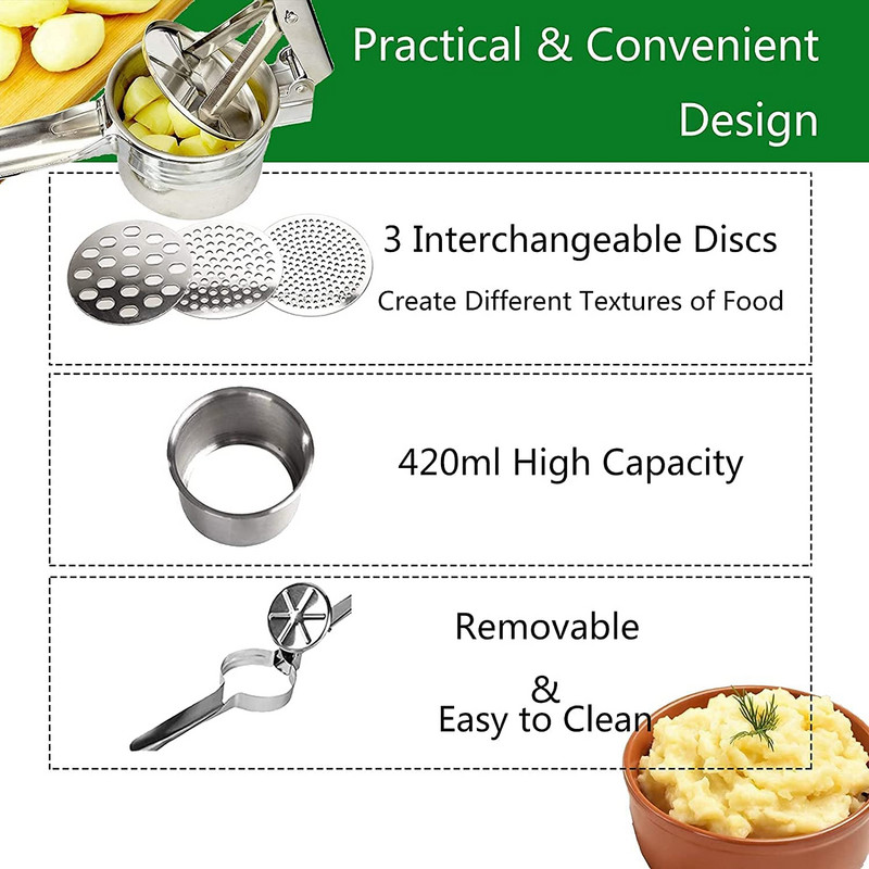 Presă pentru storcator de cartofi 3 în 1 din oțel inoxidabil Storcator manual de fructe și legume Storcator de cartofi Presă de zdrobire de cartofi Aparate de bucătărie