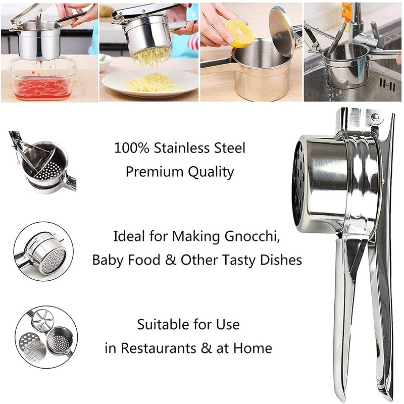 Presă pentru storcator de cartofi 3 în 1 din oțel inoxidabil Storcator manual de fructe și legume Storcator de cartofi Presă de zdrobire de cartofi Aparate de bucătărie