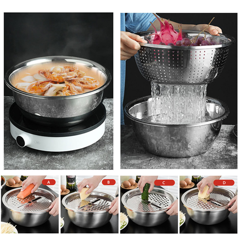 3 buc oale din oțel inoxidabil tăietor de legume feliere coș de scurgere sită strecurătoare instrument de bucătărie răzătoare strecurătoare filtru de spălat orez