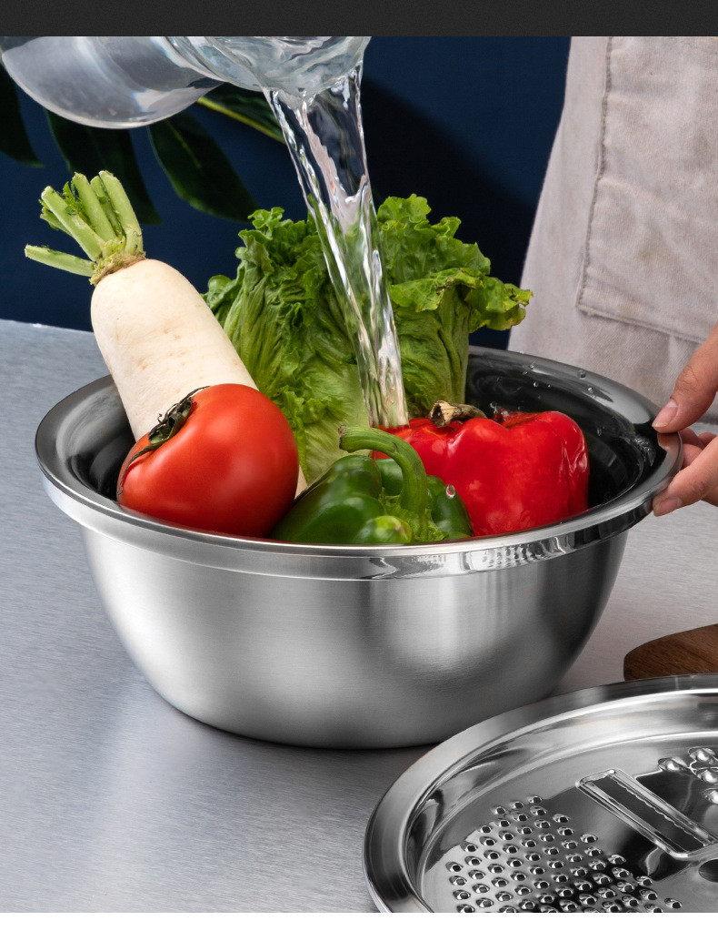 Răzătoare multifuncțională de bucătărie cu coș de scurgere 3 în 1 lighean multifuncțional din oțel inoxidabil Cuțit pentru legume Bol pentru salată