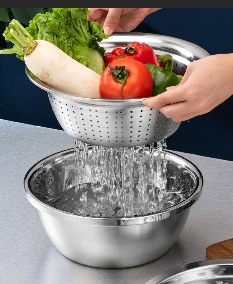 Răzătoare multifuncțională de bucătărie cu coș de scurgere 3 în 1 lighean multifuncțional din oțel inoxidabil Cuțit pentru legume Bol pentru salată