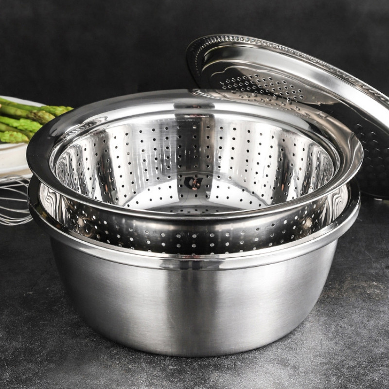 3 az 1-ben többfunkciós, rozsdamentes acél konyhai reszelő Zöldségszeletelő Zöldségvágó lefolyó kosárkészlet Lefolyótálca gyümölcshöz