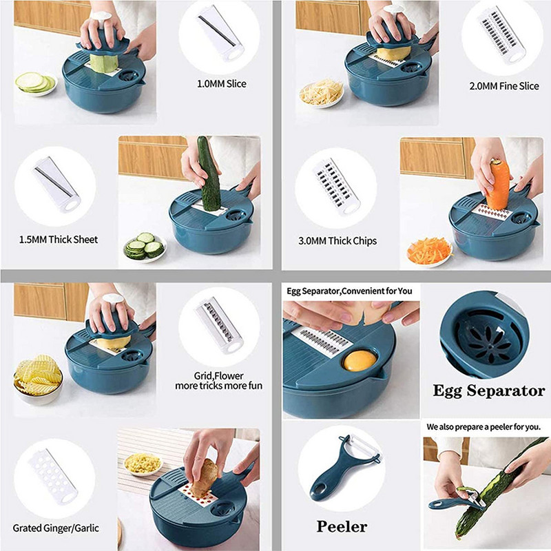 Zöldségvágó szeletelő Konyhai eszközök Rozsdamentes acél műanyag 12 az 1-ben Gyümölcs Burgonya Sárgarépa Hagyma Főző Kütyük Eszköztartozékok