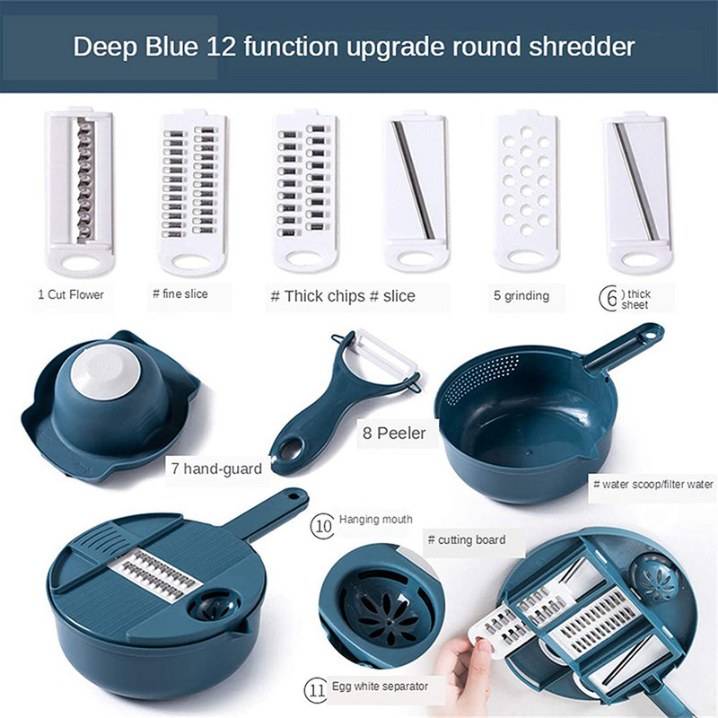 Zöldségvágó szeletelő Konyhai eszközök Rozsdamentes acél műanyag 12 az 1-ben Gyümölcs Burgonya Sárgarépa Hagyma Főző Kütyük Eszköztartozékok