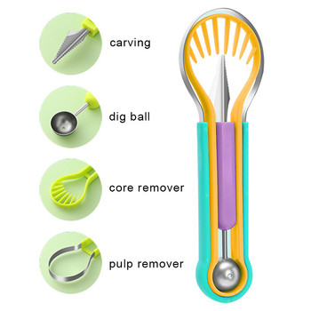 Комплект за резба на плодове 4 в 1 Стоманена топка за пъпеш Лопатка за премахване на семки Нож за диня Изкопайте сепаратор за пулпа Аксесоари за декорация на плодове