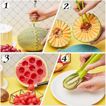 Σετ σκάλισμα φρούτων 4 σε 1 Ατσάλινη σέσουλα πεπόνι, αφαίρεση σπόρων, μαχαίρι καρπούζι, διαχωριστικό πολτού, αξεσουάρ διακόσμησης φρούτων