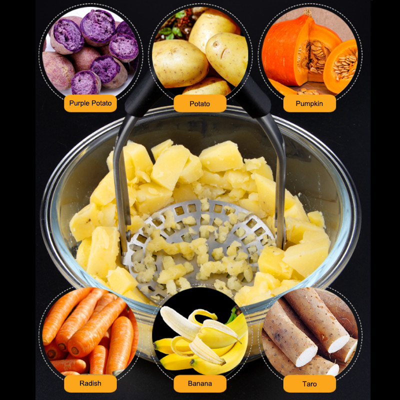 Nerūdijančio plieno rankinė juoda sulankstoma laikymo bulvių grūstuvė lygiai bulvių košei vaisių ir daržovių purvo spaudimo įrankiai