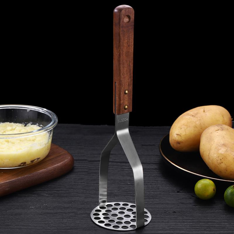 Presă pentru zdrobirea cartofilor din oțel inoxidabil, cu mâner din lemn masiv, dispozitiv de presiune a noroiului cu tăietor de fructe și legume, care economisește forța de muncă, unelte de bucătărie