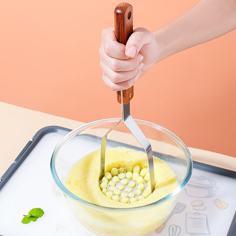 Presă pentru zdrobirea cartofilor din oțel inoxidabil, cu mâner din lemn masiv, dispozitiv de presiune a noroiului cu tăietor de fructe și legume, care economisește forța de muncă, unelte de bucătărie