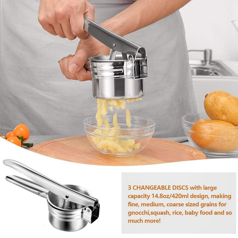 Gnječilica za krumpir od nehrđajućeg čelika s 3 izmjenjiva diska za fini, srednji i grubi krumpir, jednostavan za korištenje
