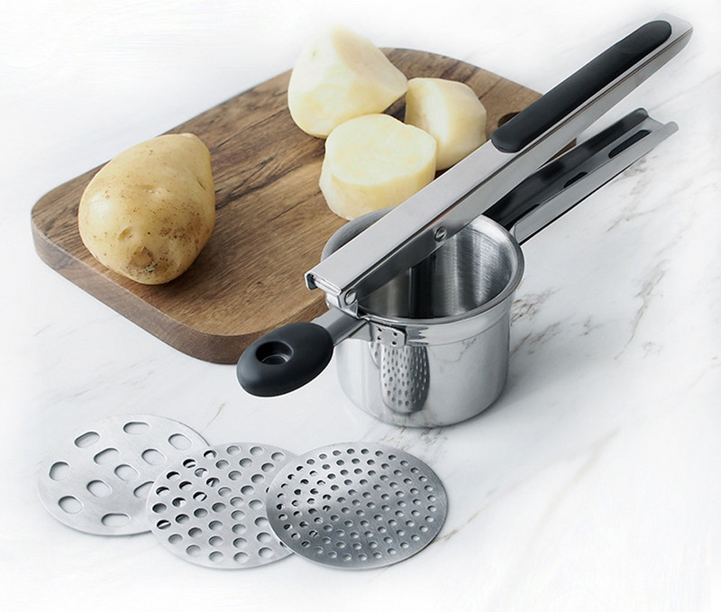 Cserélhető negatív rozsdamentes acél csúszásgátló fogantyús burgonyaprés többfunkciós konyhai gyümölcslé burgonya iszapprés