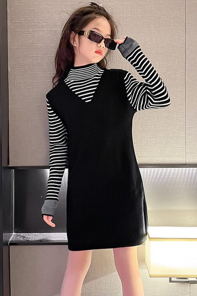 Rochie pentru copii cu mâneci lungi în dungi toamnă-iarnă - două părți