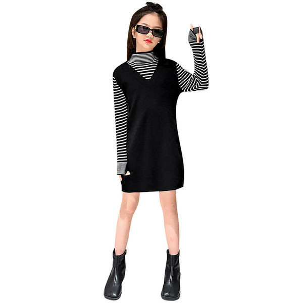 Rochie pentru copii cu mâneci lungi în dungi toamnă-iarnă - două părți