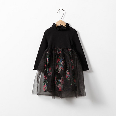 Pavasario-rudens vaikiška gėlėta suknelė - ilgomis rankovėmis, tinklinis sijonas