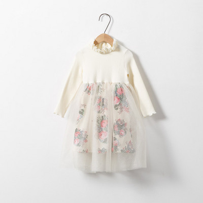 Pavasario-rudens vaikiška gėlėta suknelė - ilgomis rankovėmis, tinklinis sijonas