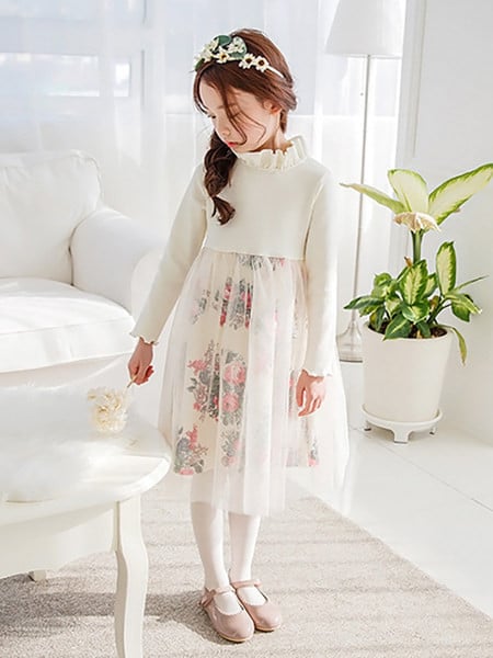 Pavasario-rudens vaikiška gėlėta suknelė - ilgomis rankovėmis, tinklinis sijonas