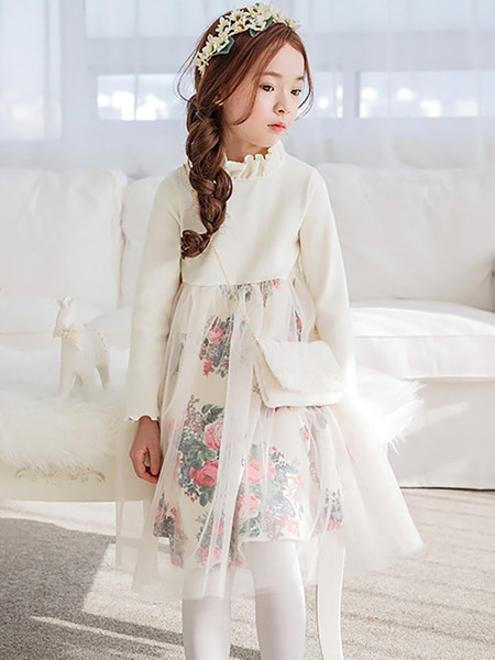 Pavasario-rudens vaikiška gėlėta suknelė - ilgomis rankovėmis, tinklinis sijonas