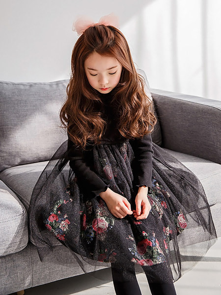 Pavasario-rudens vaikiška gėlėta suknelė - ilgomis rankovėmis, tinklinis sijonas