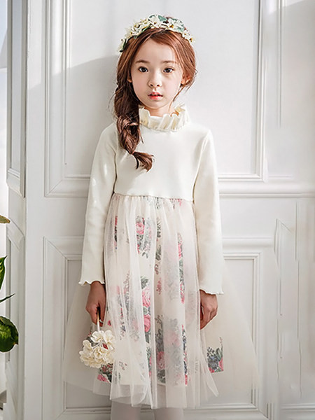 Pavasario-rudens vaikiška gėlėta suknelė - ilgomis rankovėmis, tinklinis sijonas