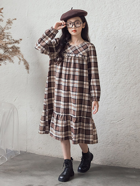 Karirana haljina dugih rukava širokog uzorka za djevojčice