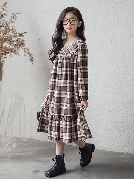 Karirana haljina dugih rukava širokog uzorka za djevojčice