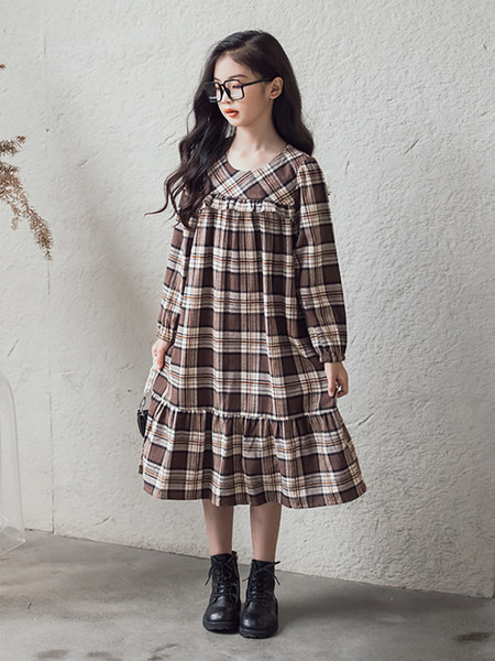 Karirana haljina dugih rukava širokog uzorka za djevojčice