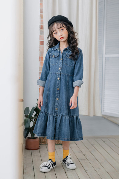 Madinga džinsinė suknelė mergaitėms su dirželiu ir sagomis