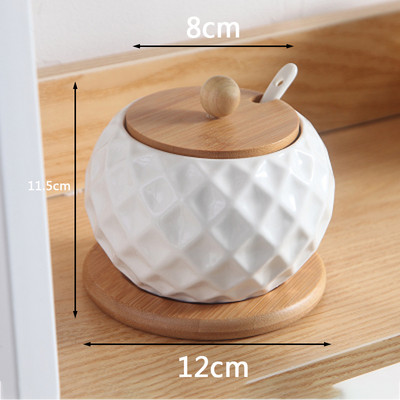 Puidust kaanega keraamilised maitseainepurgid Soolatopsid Köögitarbed Valge vürtsika lusikakomplekt Valge suhkrukarp