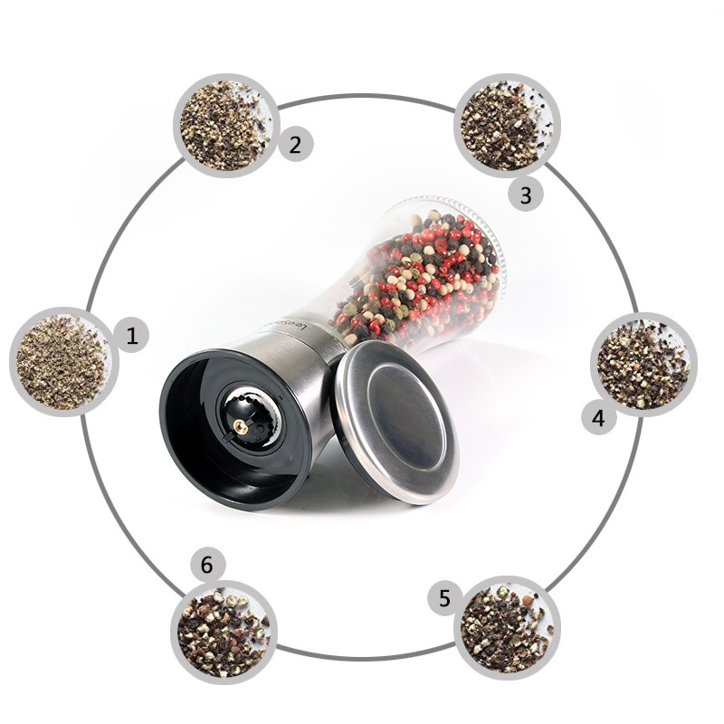 Leeseph 18/8 csiszolt rozsdamentes acél paprika- és sódaráló, 6 oz üveg magas test, 5 fokozatú állítható kerámia rotor