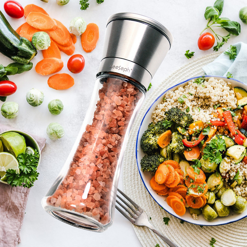 Leeseph 18/8 csiszolt rozsdamentes acél paprika- és sódaráló, 6 oz üveg magas test, 5 fokozatú állítható kerámia rotor