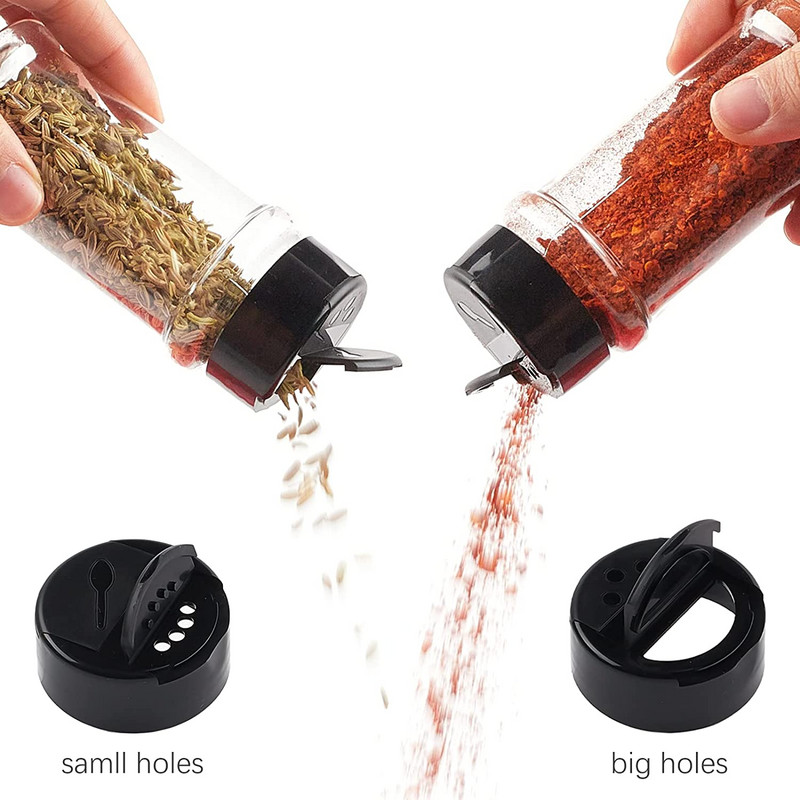 3,5 uncijos skaidraus plastiko prieskonių stiklainiai su purtyklės dangteliais, etiketėmis, prieskonių buteliuko prieskonių indeliai, skirti žolelių milteliams, druskai ir pipirams