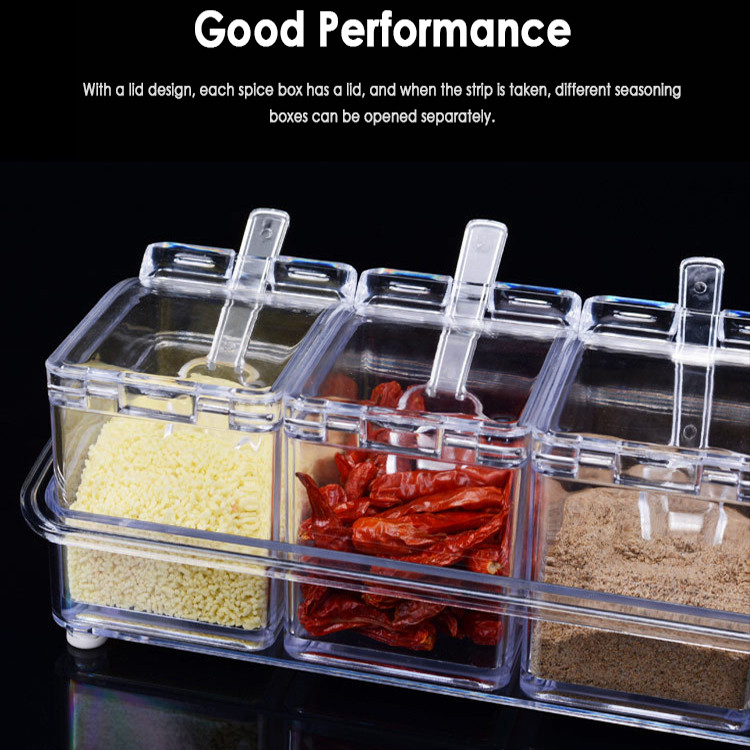 4 ląstelių skaidrus prieskonių indelių rinkinys su šaukštu ir dangteliu, druskos ir pipirų prieskonių buteliukas virtuvės prieskonių skrudintų laikymo indas