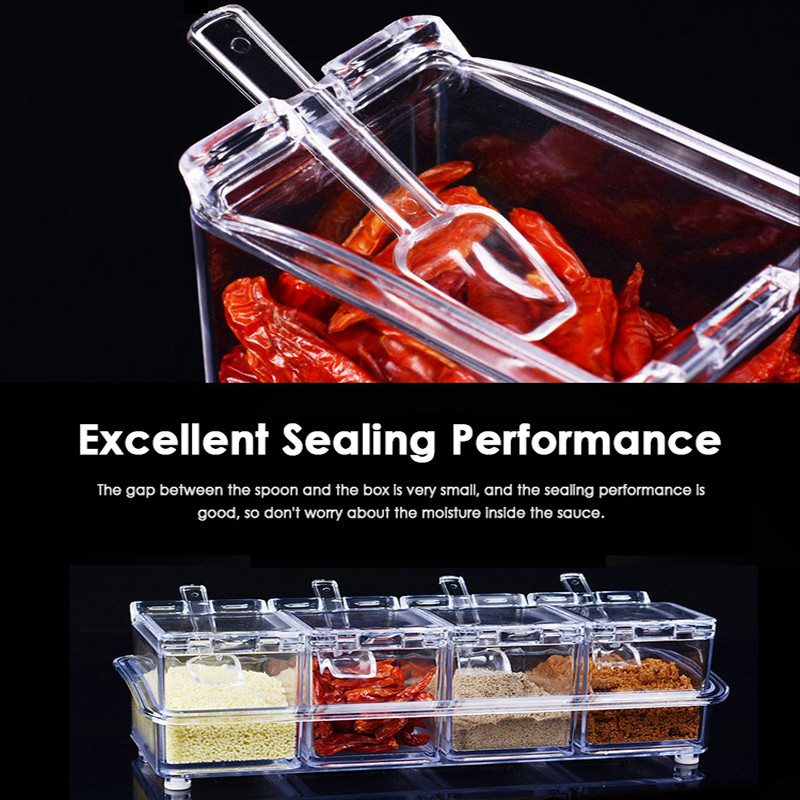 4 ląstelių skaidrus prieskonių indelių rinkinys su šaukštu ir dangteliu, druskos ir pipirų prieskonių buteliukas virtuvės prieskonių skrudintų laikymo indas