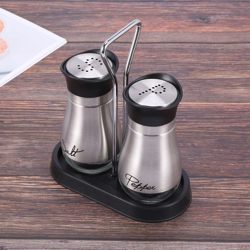 Praktični set posuda za sol i papar - visokokvalitetni nehrđajući čelik sa staklenim dnom i postoljem od 4 inča - 4 inča x 6 inča x 2 inča