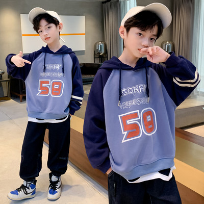 Berniuko sportinis megztinis su raštu ir gobtuvu