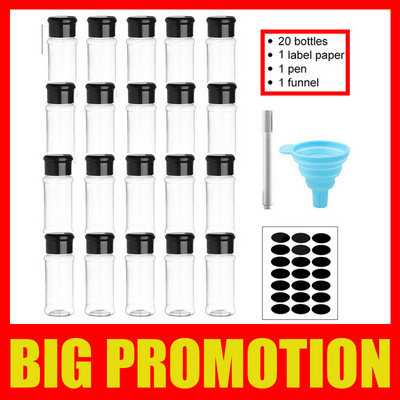 5/10/15/20 vnt Prieskonių stiklainiai su etiketėmis Plastikiniai skaidrūs prieskonių buteliai, skirti prieskoniams pipirams, druskai, kokainai, virtuvės prieskonių stiklainiui